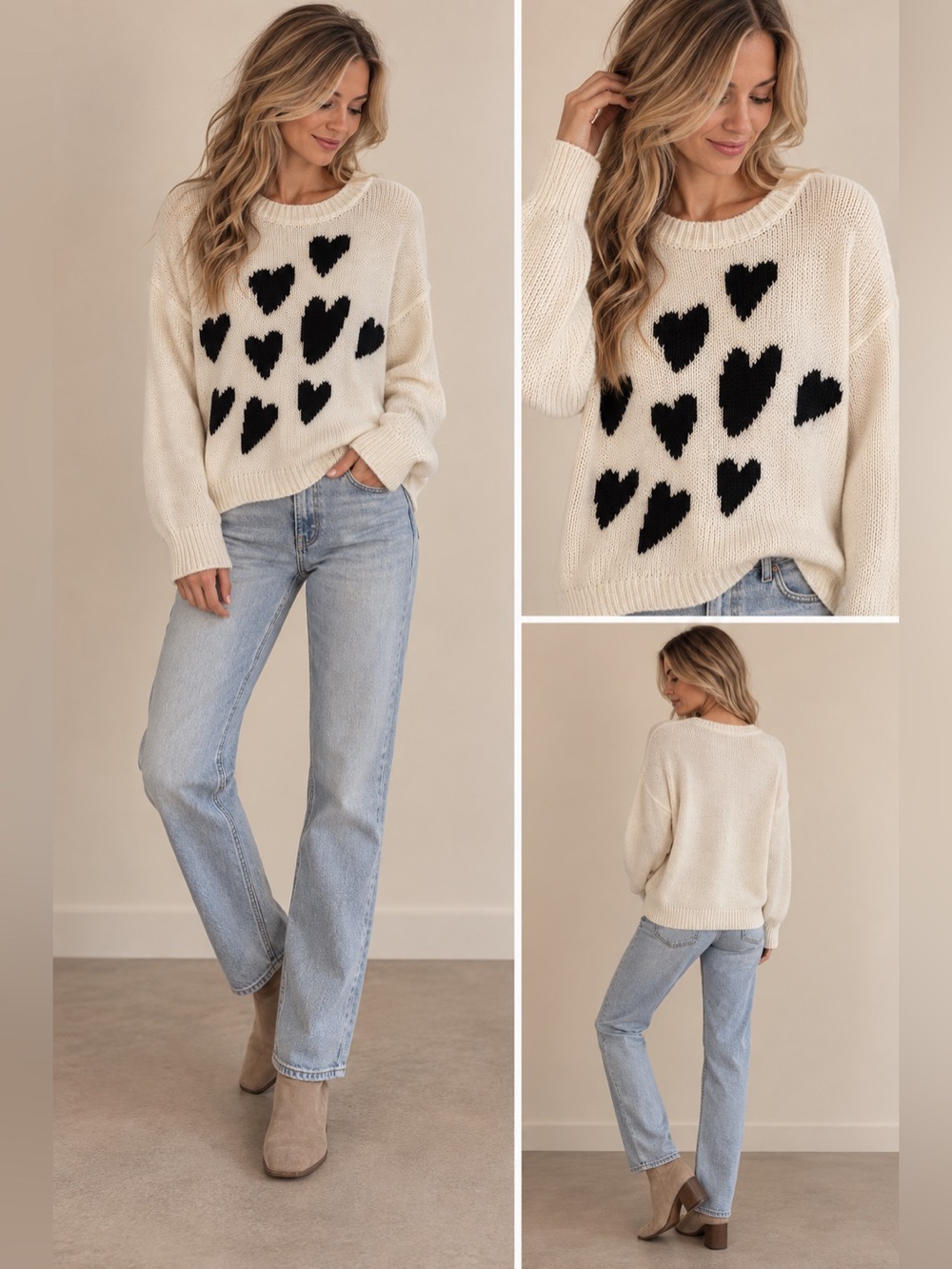 525 100% cotton Cream Sweater with Black Heart Intarsia